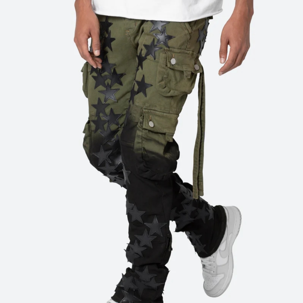 MNML Green Cargo Pants with Black Star Accents - Picture 3 of 12